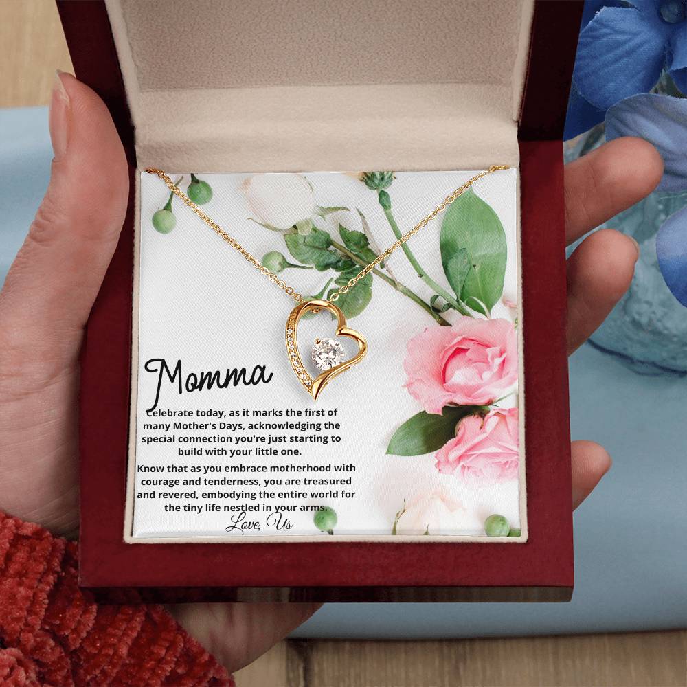 First Mother's Day Gift - New Momma Beautiful Heart Necklace with Personalized Card