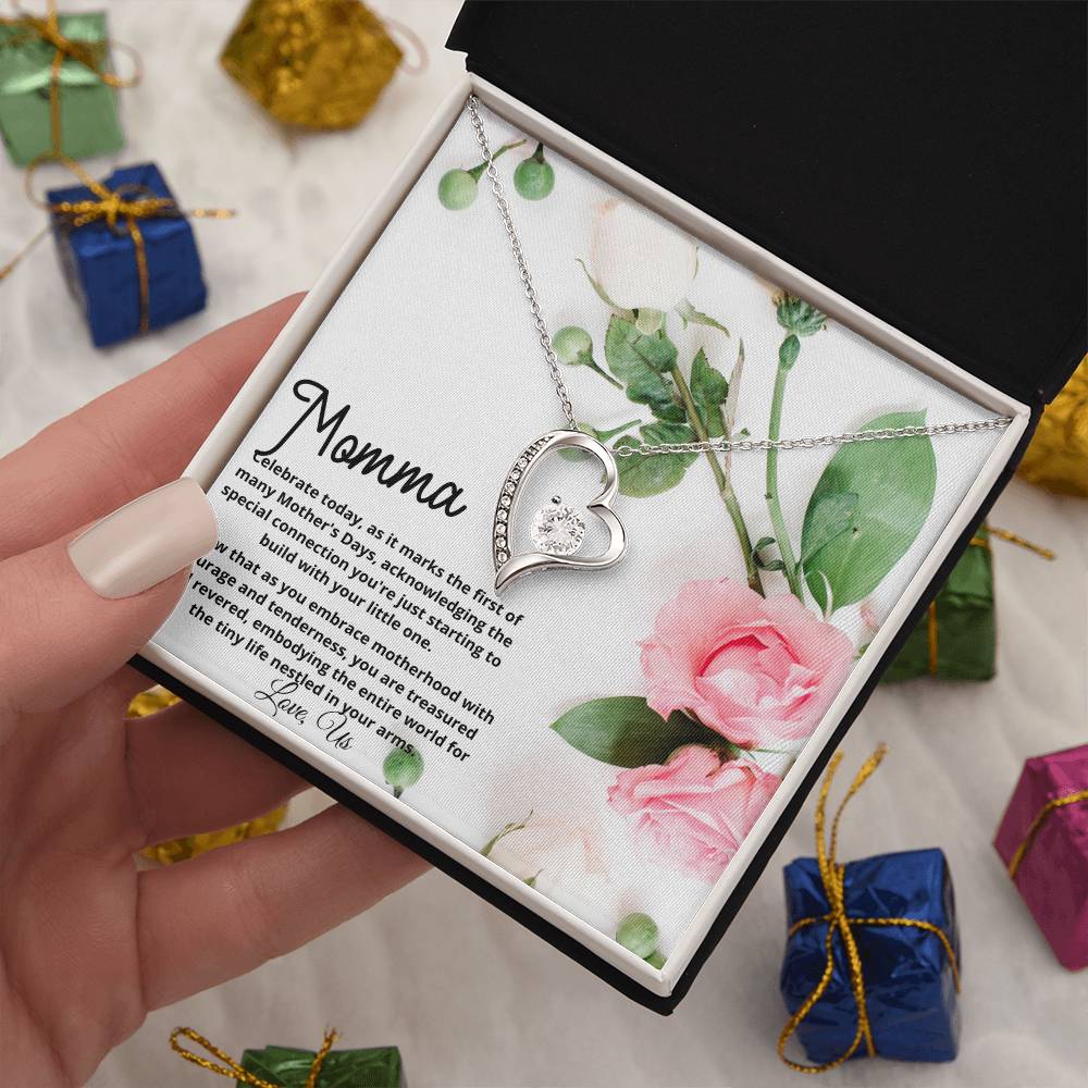 First Mother's Day Gift - New Momma Beautiful Heart Necklace with Personalized Card