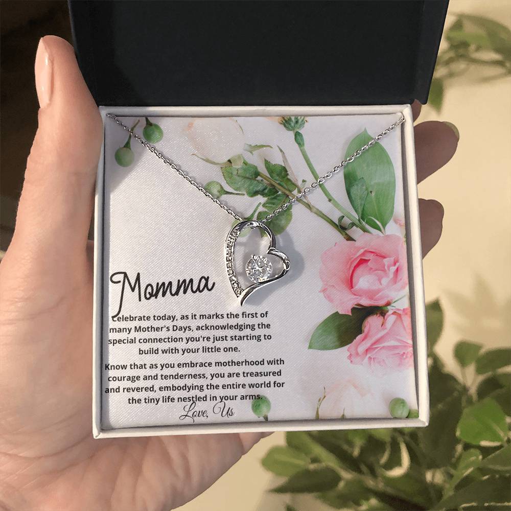 First Mother's Day Gift - New Momma Beautiful Heart Necklace with Personalized Card