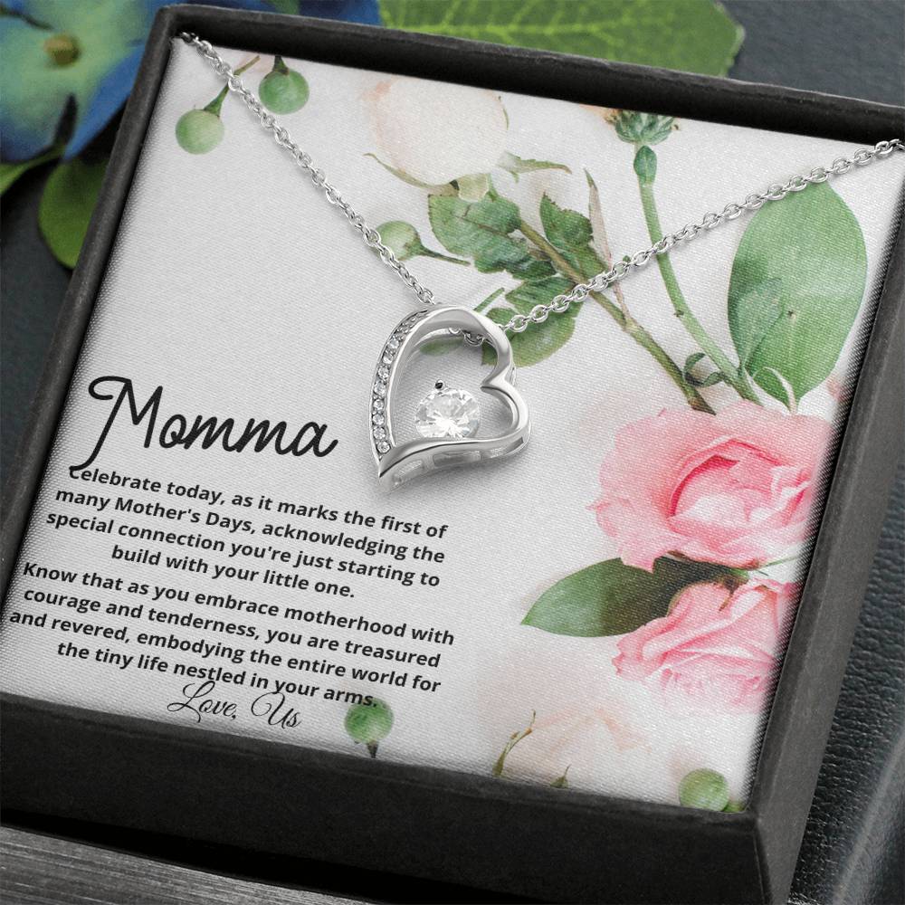 First Mother's Day Gift - New Momma Beautiful Heart Necklace with Personalized Card