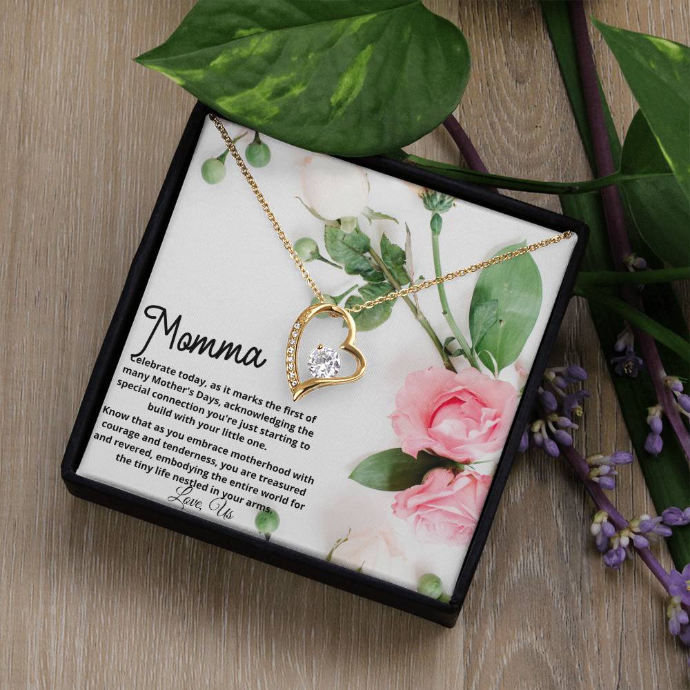 First Mother's Day Gift - New Momma Beautiful Heart Necklace with Personalized Card