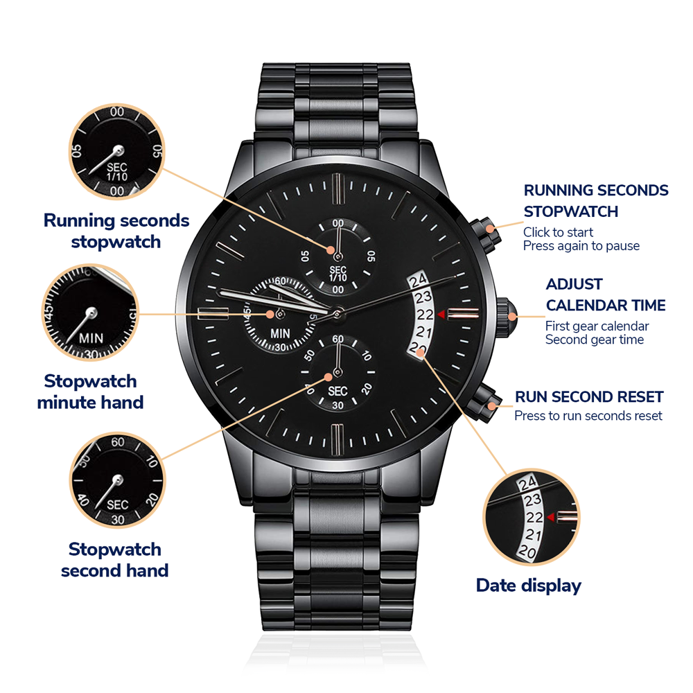 Black Stainless Steel Watch with Custom Engraving for Meaningful Gift for Dads, Grads, Husbands, Grooms and Groomsmen