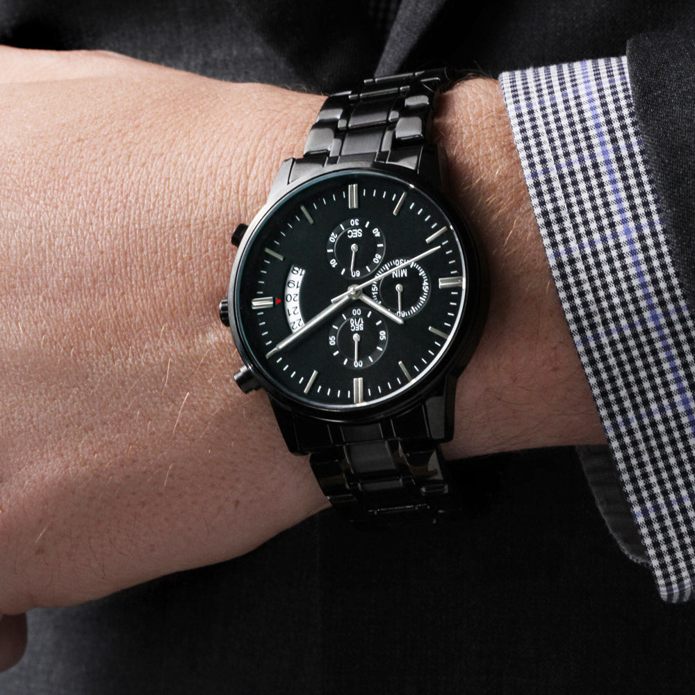 Black Stainless Steel Watch with Custom Engraving for Meaningful Gift for Dads, Grads, Husbands, Grooms and Groomsmen