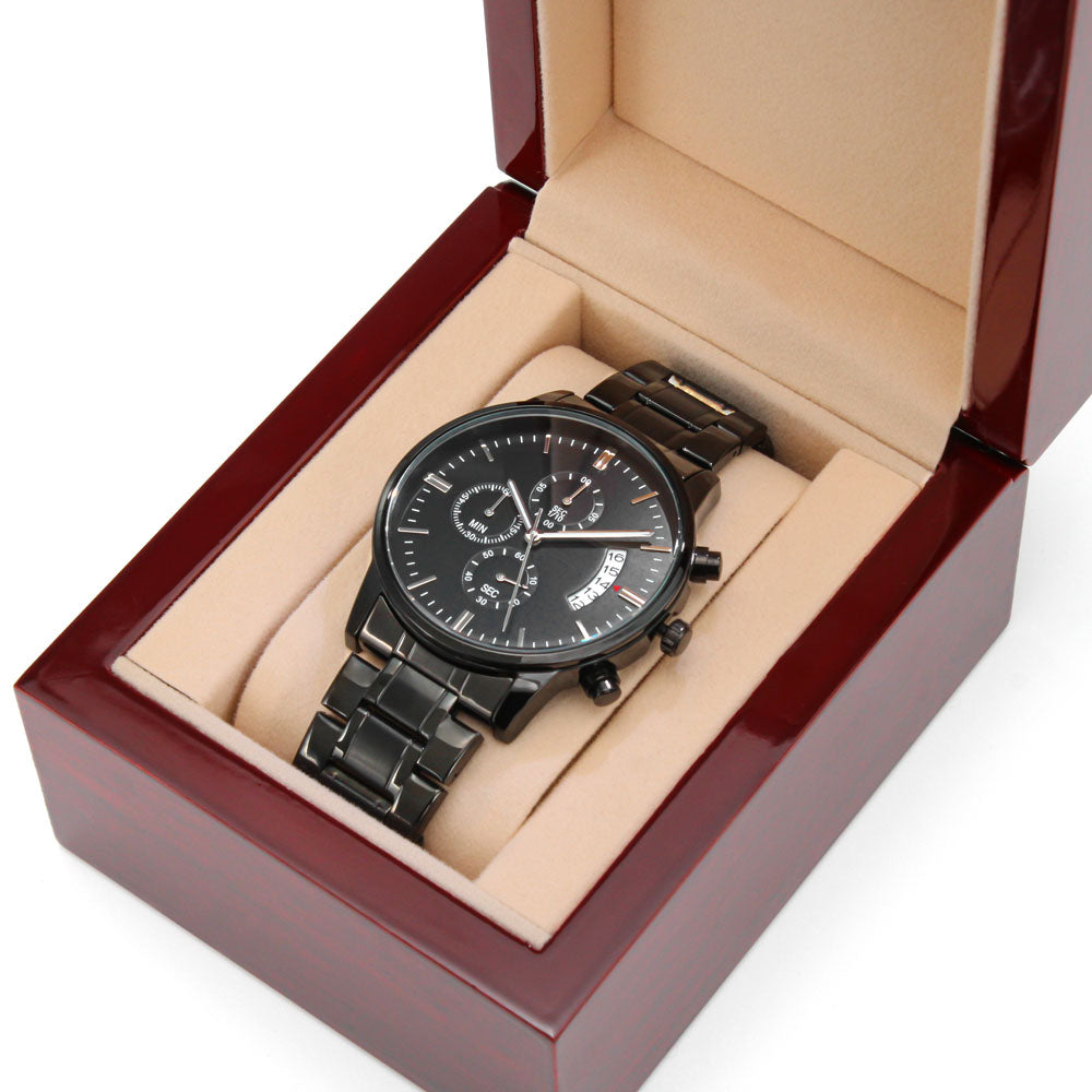 Black Stainless Steel Watch with Custom Engraving for Meaningful Gift for Dads, Grads, Husbands, Grooms and Groomsmen