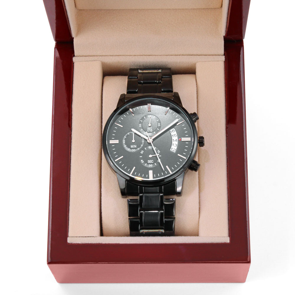 Black Stainless Steel Watch with Custom Engraving for Meaningful Gift for Dads, Grads, Husbands, Grooms and Groomsmen