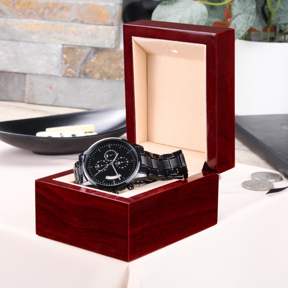 Black Stainless Steel Watch with Custom Engraving for Meaningful Gift for Dads, Grads, Husbands, Grooms and Groomsmen