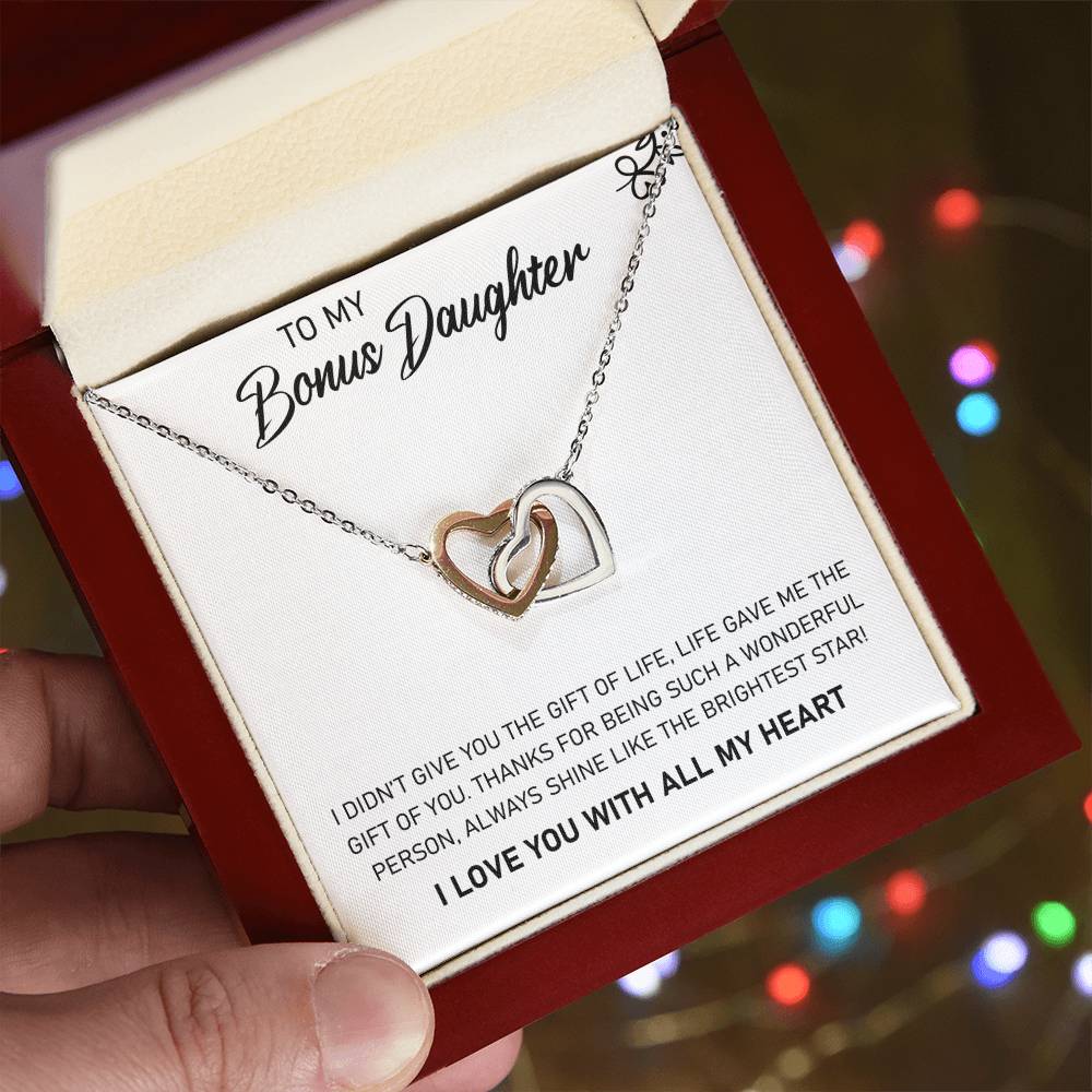 To My Bonus Daughter, Always Shine Like The Brightest Star - Interlocking Hearts Necklace