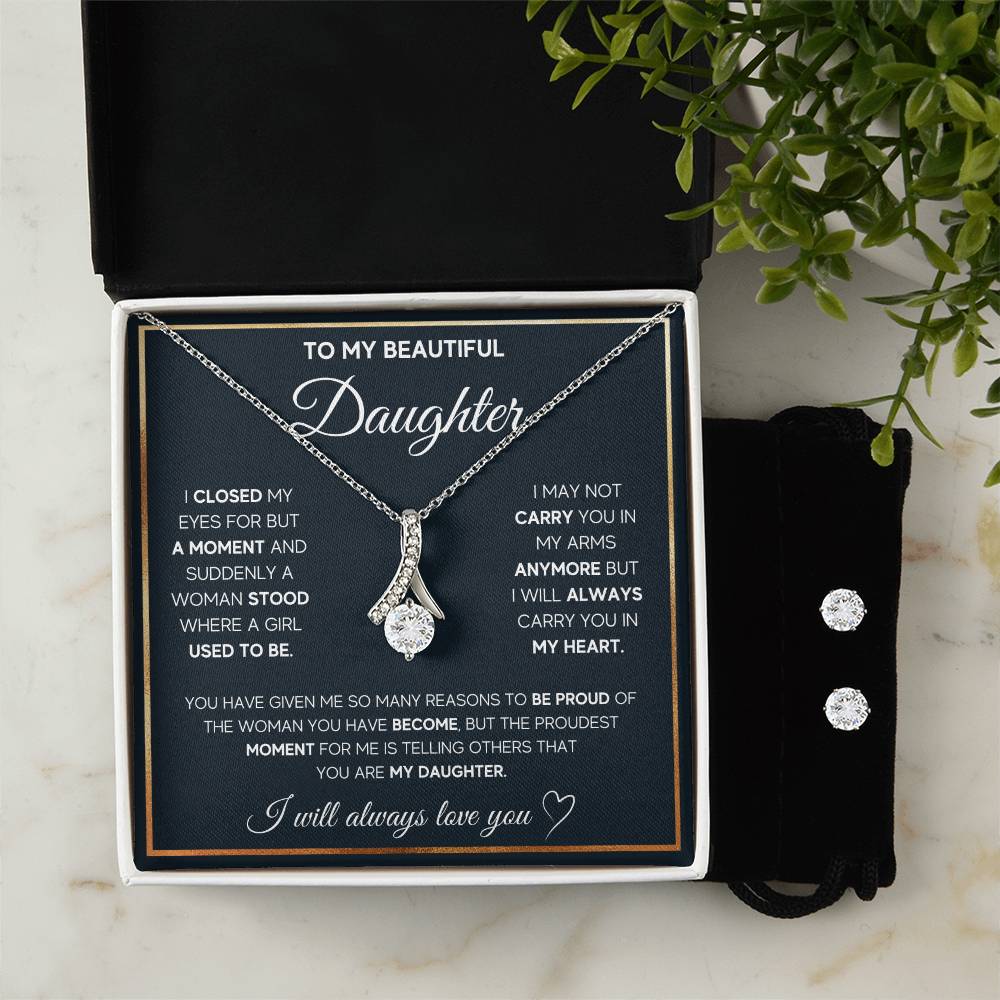 To My Daughter, I Will Always Carry You In My Heart - Alluring Beauty Necklace and Earring Set