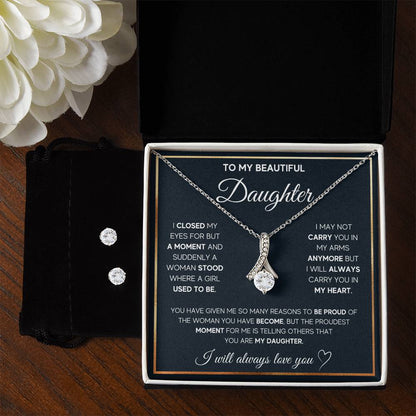 To My Daughter, I Will Always Carry You In My Heart - Alluring Beauty Necklace and Earring Set