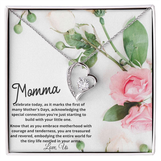 First Mother's Day Gift - New Momma Beautiful Heart Necklace with Personalized Card